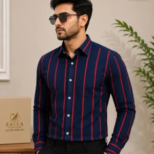 Premium Full Sleeve One Pocket Cotton Shirt (Navy Blue & Red)